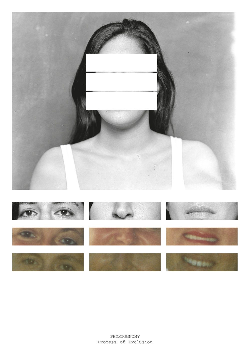 Alba-Zari_The-Ybassa Alba Zari The Y, Phisiognomy, the exclusion principle. Analysis of the features of my mother and grandmother. – Eyes -Nose – Mouth = Belong to my biological Father. Trieste 2016. 420 x 594 Carta fotografica Baritata.