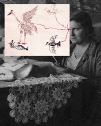 Emilia Martin, The Madwoman / The Maker, Sweden, 2025, collage of the archival photograph and archival embroidery, courtesy of the artist; Polish National Photographic Archives and the Archive of the city of Lund